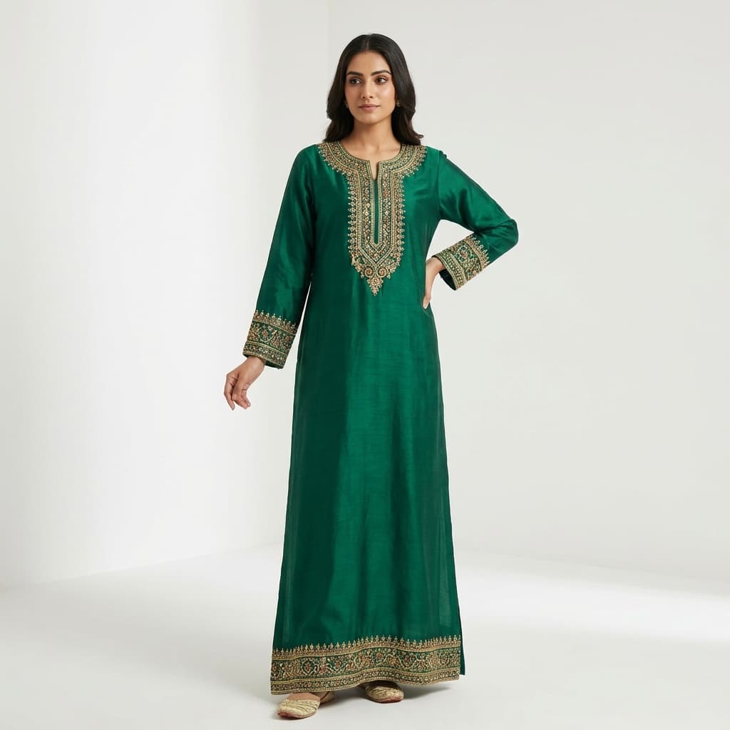 Emerald Green Silk Embroidered Kurti
