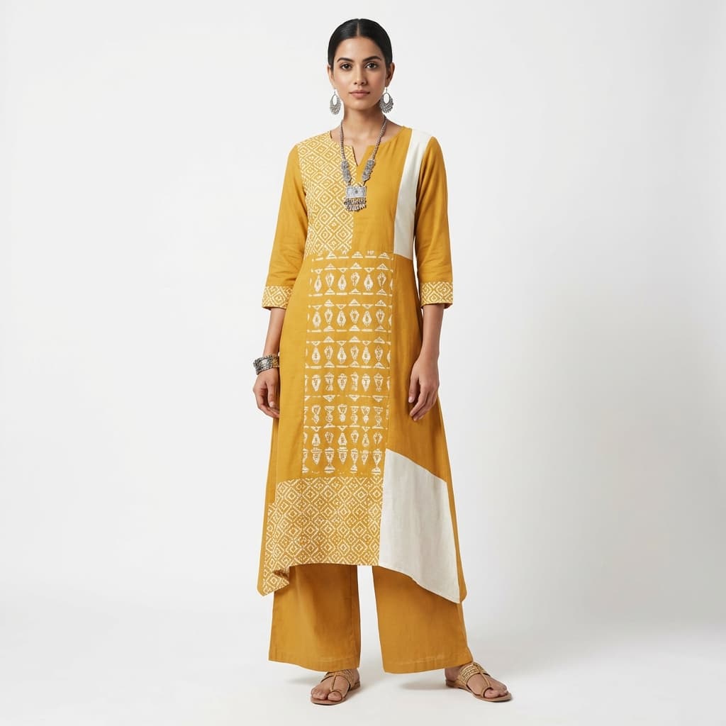Mustard Fusion Geometric Print Kurti